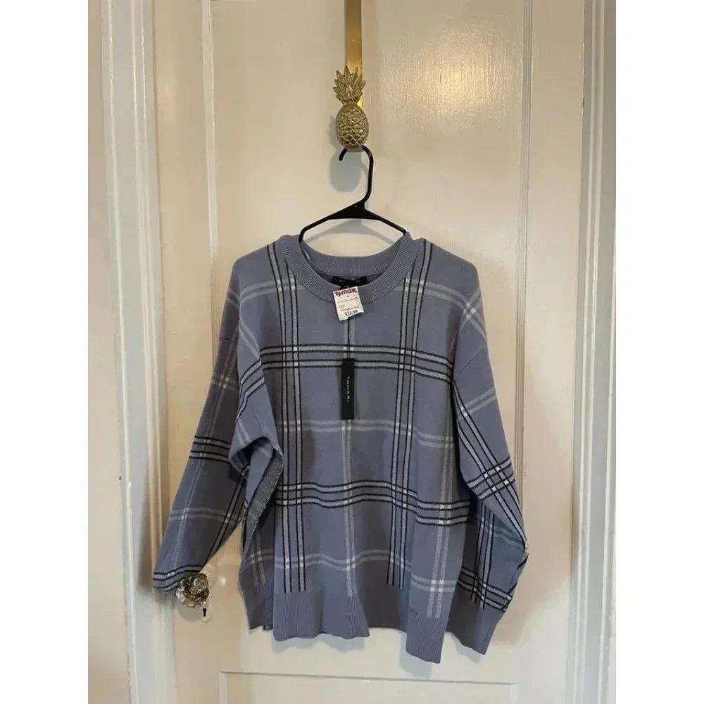 Tahari Women's Size X-large Blue Plaid NEW Sweater DAMAGED